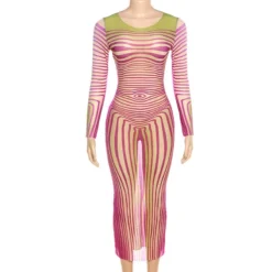 Women's Summer Round Neck Pullover Striped Mesh Print See-Through Sexy Slim Bodycon Dress
