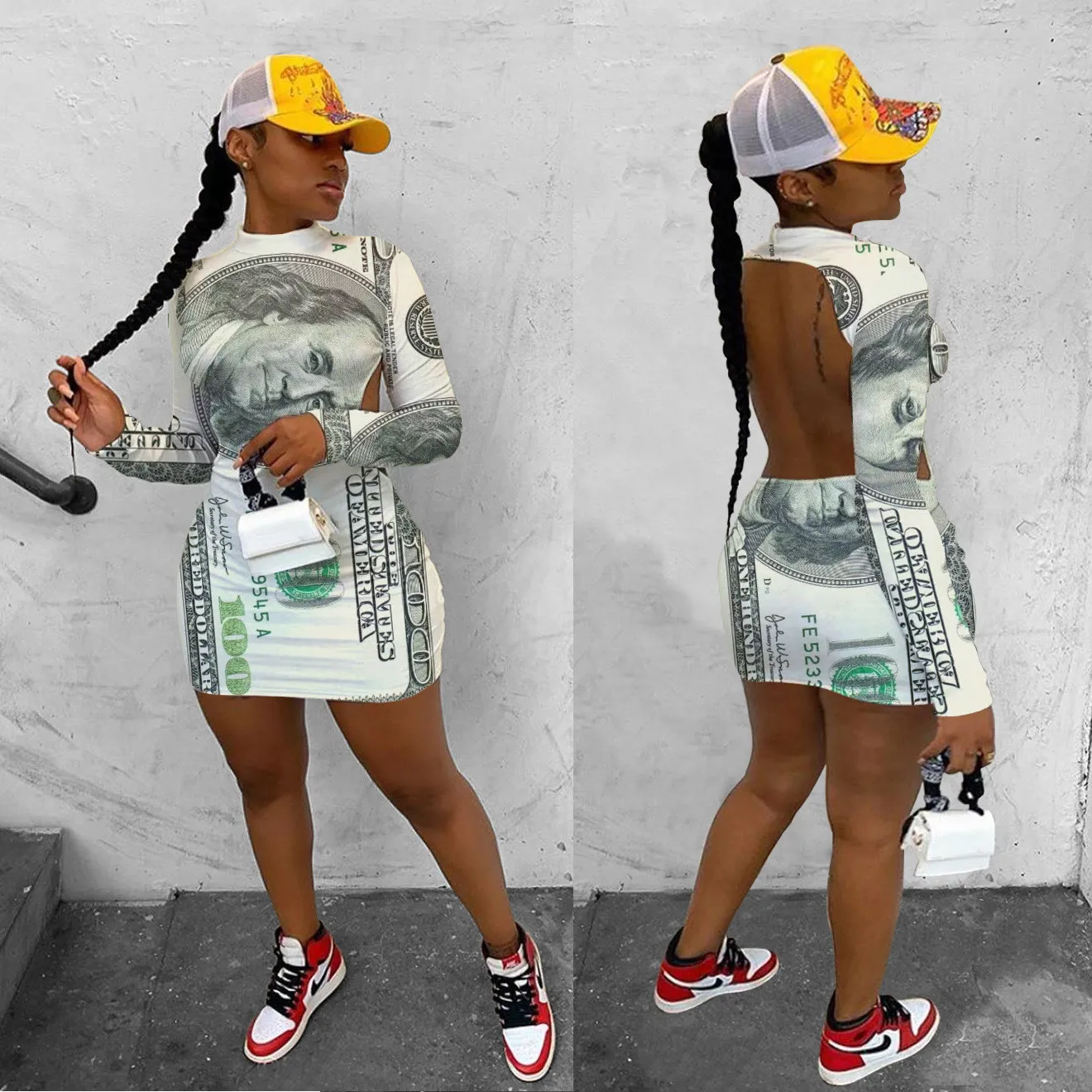 Cool Graffiti Bill Print Long Sleeve Low Back Nightclub Dress 2 Cool Graffiti Bill Print Long Sleeve Low Back Nightclub Dress - Image 2