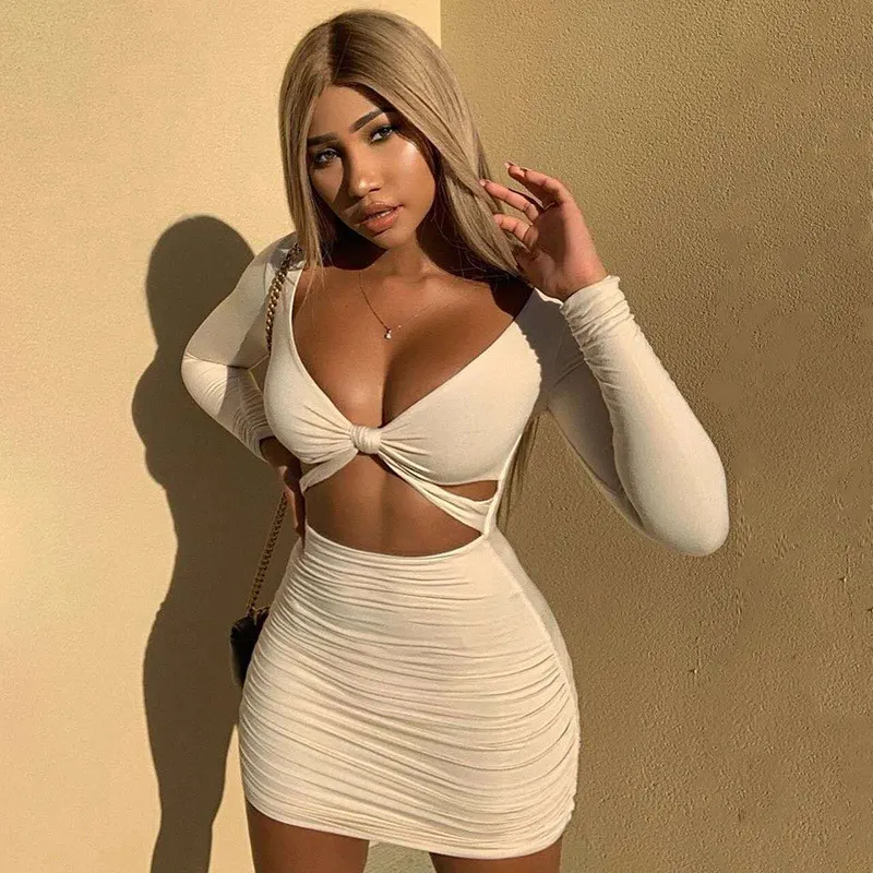 African Women Solid Color Sexy Party Sexy Long Sleeve Open Waist Ruched Mini Dress 7 African Women Solid Color Sexy Party Sexy Long Sleeve Open Waist Ruched Mini Dress - Image 7