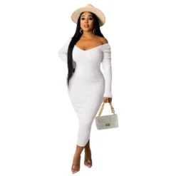 V-Neck Off-Shoulder Ribbed Slim Sexy Dress -Deals Toggenix Store 4d02904e38c595d8