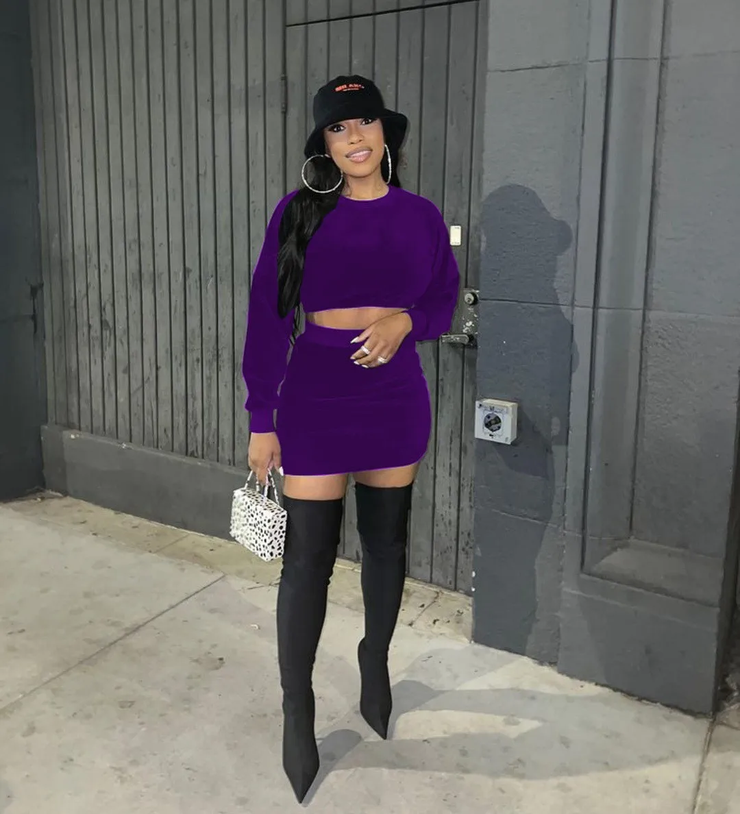 Women Velvet Long Sleeve Top And Mini Skirt Two Piece Set 12 Women Velvet Long Sleeve Top And Mini Skirt Two Piece Set - Image 12