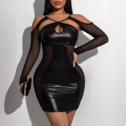 Summer Cross Strap Low Back Long Sleeve Sexy Through Mesh Women Sexy Dress