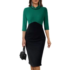 Women Elegant Round Neck Zip Colorblock Bodycon Dress