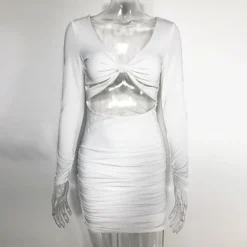 African Women Solid Color Sexy Party Sexy Long Sleeve Open Waist Ruched Mini Dress