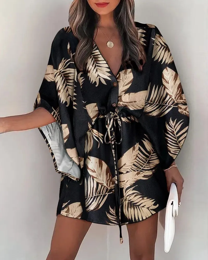 Summer Loose Sleeve V-Neck Casual Holidays Dress With Belt 16 Summer Loose Sleeve V-Neck Casual Holidays Dress With Belt - Image 16