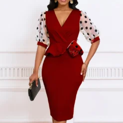 Women Summer Mesh Flocked Puff Sleeves V-neck Bodycon Dress -Deals Toggenix Store 52db5e0c3babf972