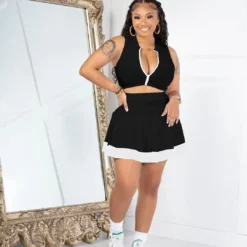 Women Casual Sexy Colorblock Zipper Top And Pleated Skirt Two-Piece Set -Deals Toggenix Store 5380ad57aed9a8b0