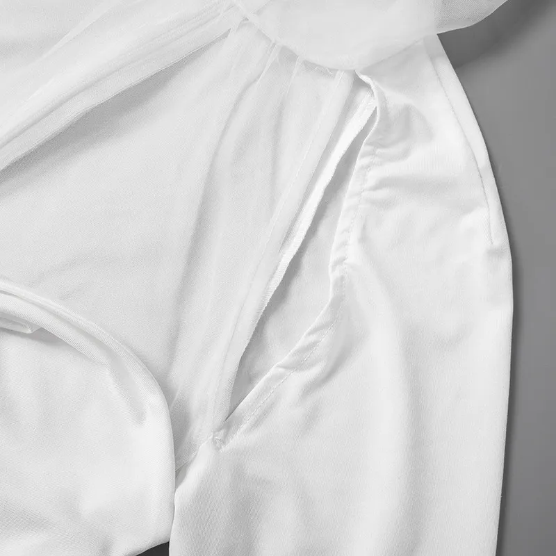 Women's Summer Solid Color Patchwork Mesh Round Neck Long Sleeve Slim Fit Pleated Short Dress 3 Women's Summer Solid Color Patchwork Mesh Round Neck Long Sleeve Slim Fit Pleated Short Dress - Image 3