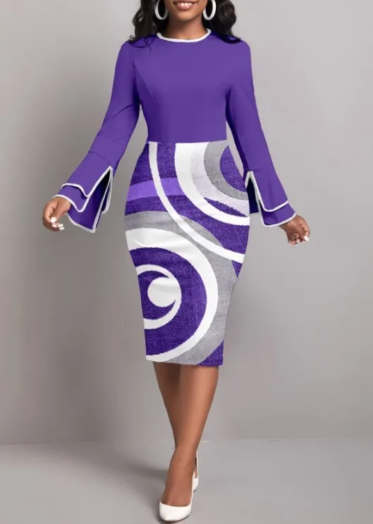 Women Long Sleeve Printed Patchwork Round Neck Elegant Bodycon Dress 6 Women Long Sleeve Printed Patchwork Round Neck Elegant Bodycon Dress - Image 6