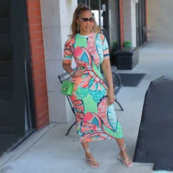 Summer Ladies Fitted Round Neck Painted Print Dress -Deals Toggenix Store 55fd4de54b03067e