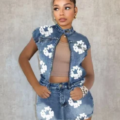 Casual Women's Clothing Style Printed Elastic Denim Skirt Sleeveless Vest Set -Deals Toggenix Store 5606a66c4bebb2bd