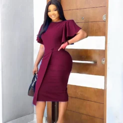 Women's Summer Solid Color High Waist Chic Career Ruffle Sleeve Office Dress -Deals Toggenix Store 560cbeb76a403fe7