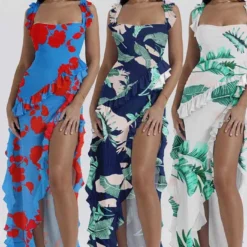 Sexy Printed Ruffle Strap Slit Long Dress -Deals Toggenix Store 56713f758e8dced8