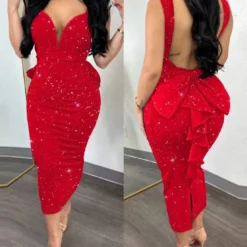 Chic Elegant Solid Color Low Back Deep V High Waist Bow Elastic Slit Bodycon Dress -Deals Toggenix Store 573d0d6945358aab