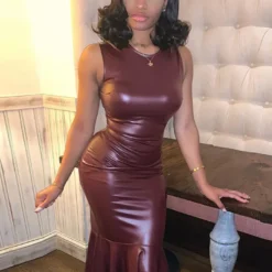 Women PU Leather Round Neck Sleeveless Bodycon Pleated Mermaid Dress -Deals Toggenix Store 577c430abf9b45b0