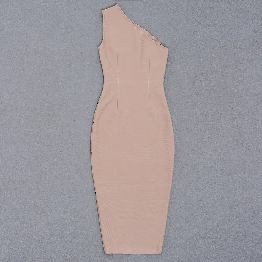 Women Sexy Slit Slash Shoulder Striped One Shoulder Sleeveless Bandage Dress 3 Women Sexy Slit Slash Shoulder Striped One Shoulder Sleeveless Bandage Dress - Image 3