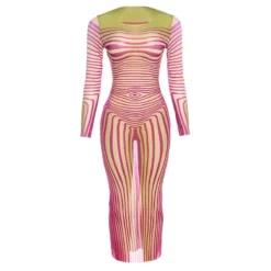 Women's Summer Round Neck Pullover Striped Mesh Print See-Through Sexy Slim Bodycon Dress -Deals Toggenix Store 58493661aa9e929b