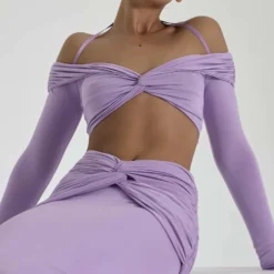 Fall Women Off Shoulder Halter Neck Long Sleeve Knot Crop Top+ Maxi Dress Two Piece -Deals Toggenix Store 58740a5793c3cb1a