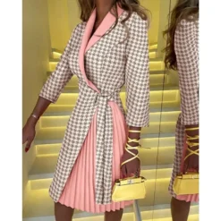 Fashion V-Neck Fashion Slim Waist Half-Sleeve Pleated Blazer Dress
