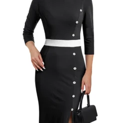 Chic Patchwork Round Neck Midi Colorblock Button Slit Bodycon Career Dress -Deals Toggenix Store 59a7dbc2dfcab8d1