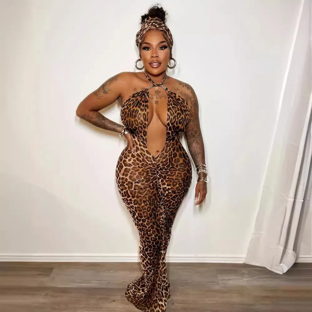 Women Printed Lace-Up Halter Neck Elastic Pleated Bodycon Leopard Print Dress 6 Women Printed Lace-Up Halter Neck Elastic Pleated Bodycon Leopard Print Dress - Image 6