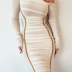 Spring Women Long Sleeve Mesh Patchwork Slash Shoulder Pleated Dress -Deals Toggenix Store 5c5d4b3d2bc31745