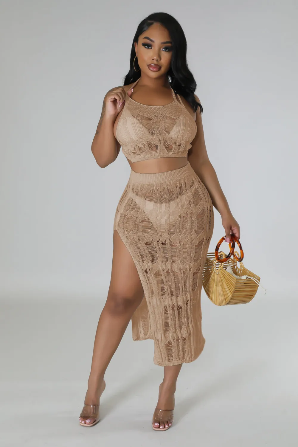 Women's Spring Summer Beach Knitting Vest Slit Skirt Slit Sexy Two Piece Set 6 Women's Spring Summer Beach Knitting Vest Slit Skirt Slit Sexy Two Piece Set - Image 6