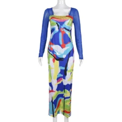 Women's Mesh Long Sleeve Square Neck Printed Dress -Deals Toggenix Store 5eb8104b19280f06