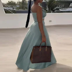 Sexy Strapless Slit Maxi Skirt Two Piece Set