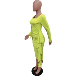 Womens Solid Square Neck Ruched Long Sleeve Dress