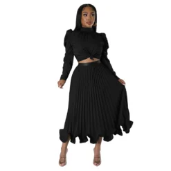 Fall Women Puff Sleeve Top And Ruffled Pleated Skirt Two-Piece Set -Deals Toggenix Store 5f8cbe54908044ad