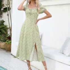 Women's Square Neck Puff Sleeve French Tea Break Dress Trendy Floral Dress -Deals Toggenix Store 60539b1600853e6d