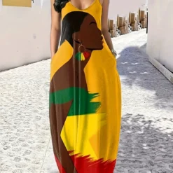 Women Summer Chic V Neck Suspender Print Maxi Dress