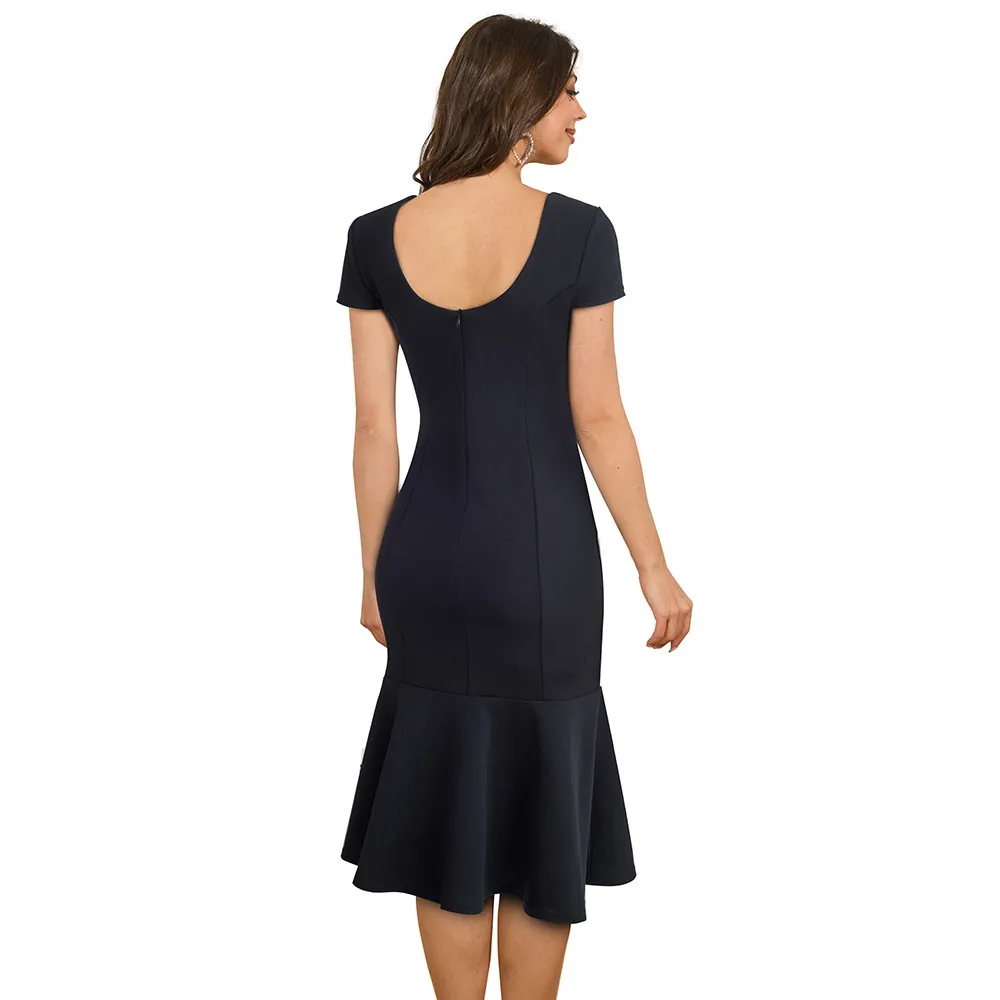 Women's Chic Career Slim Bodycon Round Neck Midi Dress 12 Women's Chic Career Slim Bodycon Round Neck Midi Dress - Image 12