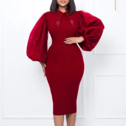 Women'S Spring Autumn Long Sleeve Plus Size Beaded Mesh Patchwork Career Bodycon Pencil Dress -Deals Toggenix Store 61365c4af26f510a
