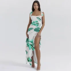 Sexy Printed Ruffle Strap Slit Long Dress -Deals Toggenix Store 61645ba784aaab82