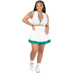 Women Casual Sexy Colorblock Zipper Top And Pleated Skirt Two-Piece Set -Deals Toggenix Store 61a506579893ffd6