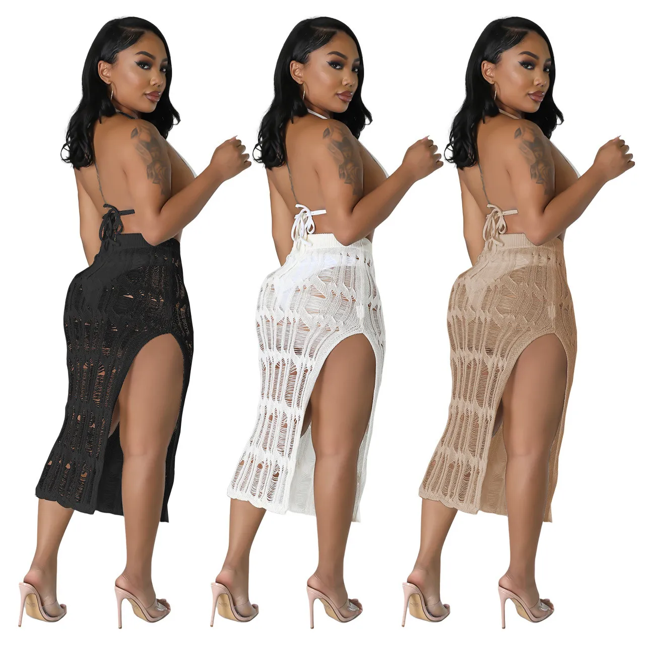 Women's Spring Summer Beach Knitting Vest Slit Skirt Slit Sexy Two Piece Set 8 Women's Spring Summer Beach Knitting Vest Slit Skirt Slit Sexy Two Piece Set - Image 8