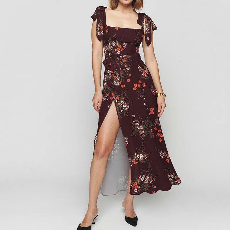 Summer Women's Sweet Style Slim-Fit Floral Slit Strap Dress 1 Summer Women's Sweet Style Slim-Fit Floral Slit Strap Dress