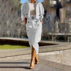 Autumn Versatile Casual Chic Button Belt Cargo Suit Two Piece Skirt Set
