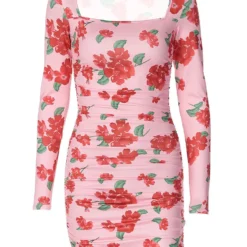 Flower Print Fashion Summer Women's Long Sleeve Square Neck Pleated Slim Bodycon Dress -Deals Toggenix Store 6675719999ecb9a6