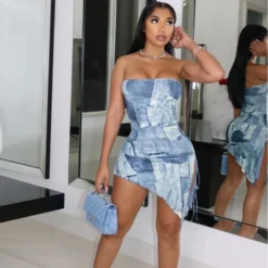 Strapless Print Dress Pleated Slit Tie Irregular Dress