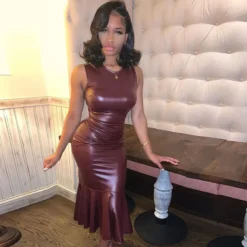 Women PU Leather Round Neck Sleeveless Bodycon Pleated Mermaid Dress -Deals Toggenix Store 67785542cb46e283