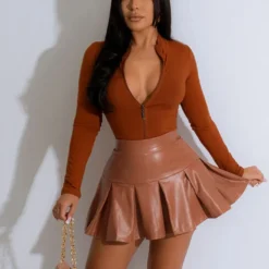 Fashion Women's Long Sleeve Slim Waist Bodysuit Pu Skirt Two Piece Set 32 Fashion Women's Long Sleeve Slim Waist Bodysuit Pu Skirt Two Piece Set -Deals Toggenix Store 67def21125399c16