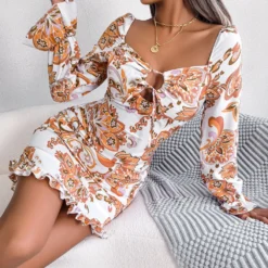 Fall Winter Sexy Lace Up Square Neck Long Sleeve Ruffle Bodycon Dress -Deals Toggenix Store 6843b48b629362a8