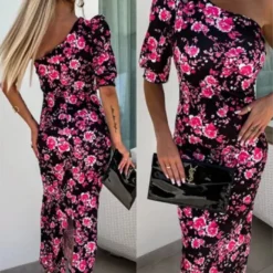 Women Summer Slash Shoulder Stretch Slit Printed Bodycon Dress -Deals Toggenix Store 68b3e96d7ee95c64