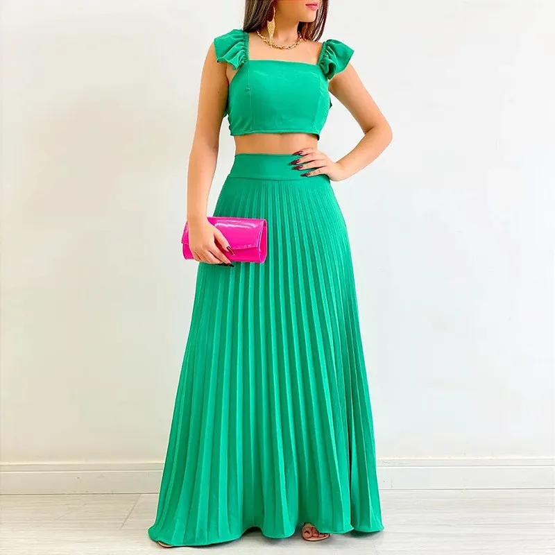 Women Solid Crop Top And High Waist Pleated Skirt Two-Piece Set 4 Women Solid Crop Top And High Waist Pleated Skirt Two-Piece Set - Image 4