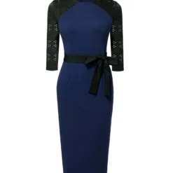 Chic Elegant Lace Patchwork Zip Colorblock Midi Dress Bodycon Work Dress