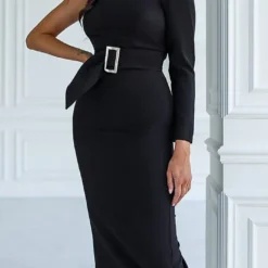 Chic Career Style Slash Shoulder One Shoulder Solid Color Slit Elegant Midi Dress With Belt -Deals Toggenix Store 6cc007d58039d7d0