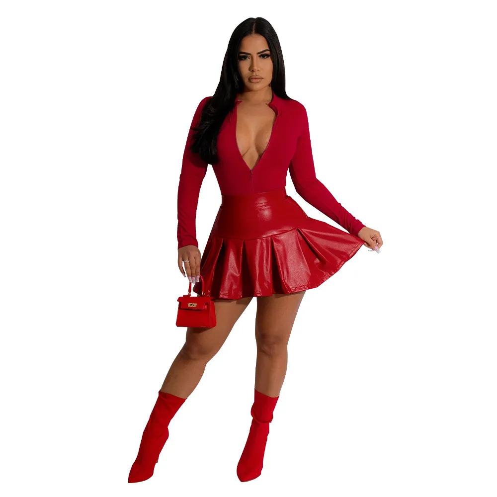Fashion Women's Long Sleeve Slim Waist Bodysuit Pu Skirt Two Piece Set 4 Fashion Women's Long Sleeve Slim Waist Bodysuit Pu Skirt Two Piece Set - Image 4